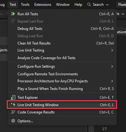 Opening the Live Unit Testing Window