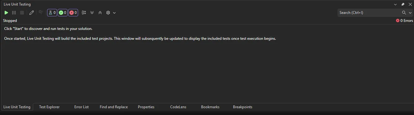 Starting Live Unit Testing Window