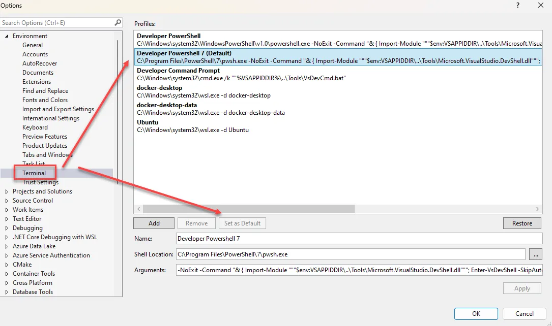 PowerShell7 as default in Visual Studio